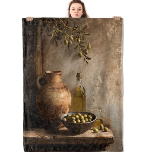 Mniedc Retro Rustic Still Life Blanket, Vintage Mediterranean Flannel Throw Blankets, 40'x50', Soft Warm Lightweight Fuzzy Cozy Throws for Couch Bed Sofa Kitchen Decorative Gifts for Art Lover Women