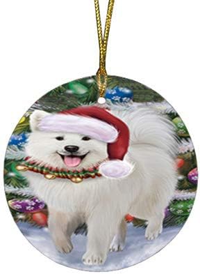 Christmas Express Delivery Red Truck Running Samoyed Dogs Round Flat Ornament - Pet Decorative Hanging Ornaments for Christmas X-mas Tree Decorations - 2.75" Round Christmas Ornament