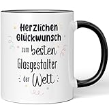 JUNIWORDS Tasse, Herzlichen Glückwunsch zum besten Glasgestalter der Welt, Schwarz (7636349)