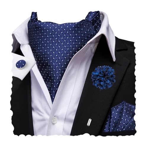 Image of Hi-Tie Silk Ascot for Men Self Tie Men's Cravat and Flower Lapel Pin Handkerchief Cufflinks Set for Wedding Party
