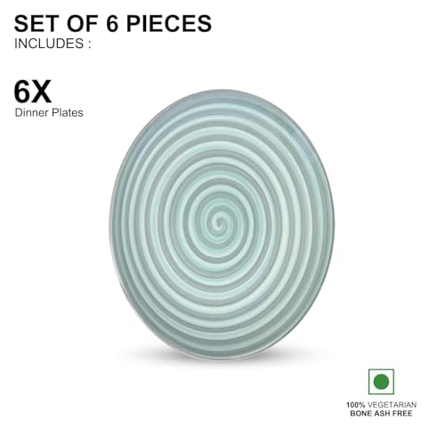 Image of Freakway Hand-Painted 'Sea Swirls' Stoneware Dinner Plates 10.2 Inch Set of 6 Pieces Serving Plate Thali Ceramic Plates for Dinner | Microwave & Dishwasher Safe | Green