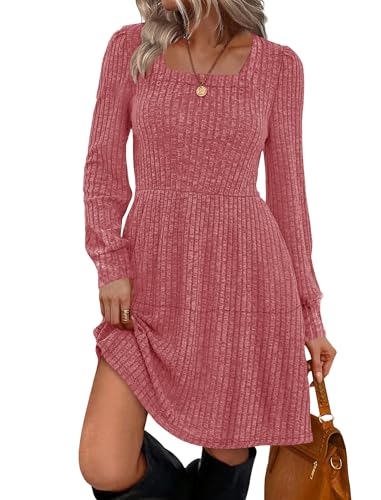 Cicy Bell Freizeitkleider für Damen Leichte Strickkleid Pulloverkleid Langarm A-Linie Casual Babydoll Herbst Kleider,Weinrot,M