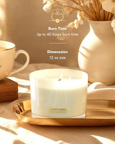 Image of 96NORTH Creamy Vanilla Scented Candles | Large 3 Wick Jar Candle | Up to 40 Hours Burning Time | 100% Natural Soy Wax | Relaxing Scented Candle for Home | Gift-Ready Luxury Candle for Men & Women
