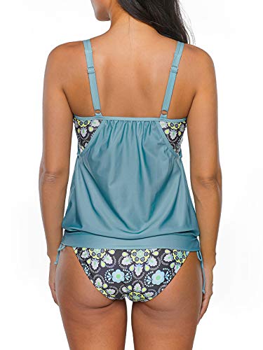 Tankini Bathing Suits For Women Two Piece Tummy Control Tankini Swimsuit Floral Tank Top Bikinis Padded Swimwear With Bikini Bottom A Blue Green 12-14 #TOP3