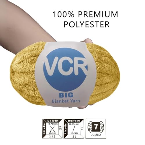 Image of VCR Mustard Yellow Yarn, 200 Grams Big Chunky Hank, 22 Meters Length, Suitable for Knitting Blankets and Pillows, 100% Polyester Yarn Ball for Crochet DIY, Soft Threads, Pack of 1