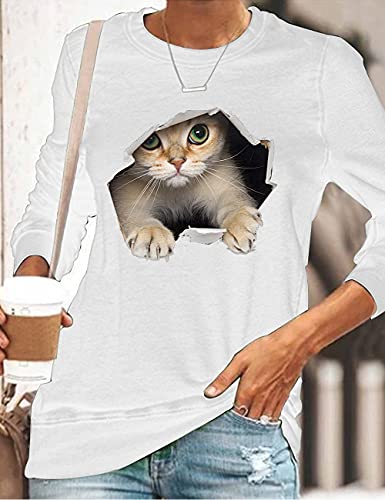 2022 Autumn Winter New Women's Tunics Round Neck Blouses Ladies Casual Cute Cat Animal T-Shirts (White, 2Xl) #TOP1