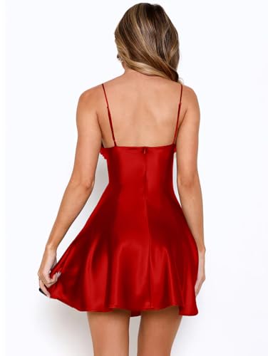 Image of LAGSHIAN Women's Summer Satin Spaghetti Strap A-line Mini Dresses Bodycon Sleeveless Silky Night Out Short Dress