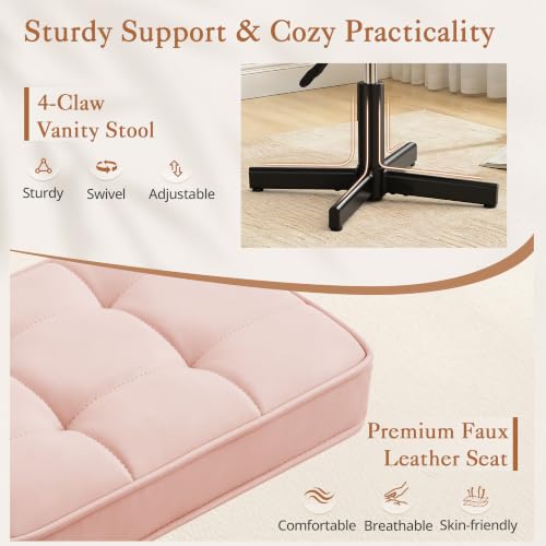 Image of LUE BONA Adjustable Vanity Stool, 15''-19.5'' Foot Rest Under Desk, 360 Swivel Vanity Chair for Makeup Room, Pink Upholstered Faux Leather Ottoman for Bathroom & Living Room, 300lbs
