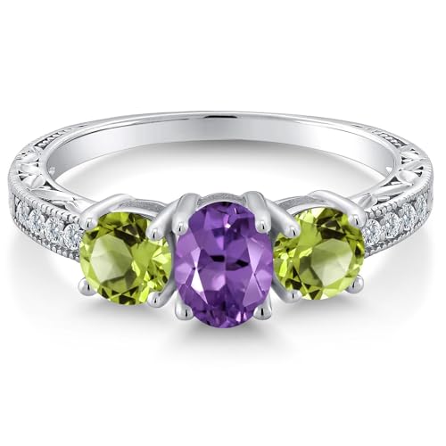 Gem Stone King 925 Sterling Silver Purple Amethyst and Green Peridot 3-Stone Engagement Ring For Women (2.01 Cttw, Oval Gemstone Birthstone, Available in size 5, 6, 7, 8, 9)3