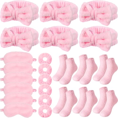 Shyyween 30 Pieces Spa Sleepover Party Supplies 6 Pink Bow Headband 6 Plush Sleep Eye Mask 6 Velvet Scrunchies 6 Pair Fuzzy Sock for Spa Slumber Party Favors Gift
