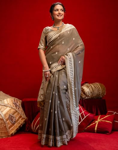 Image of SIRIL Women's Cotton Weaving Tassels Saree With Unstitched Blouse Piece