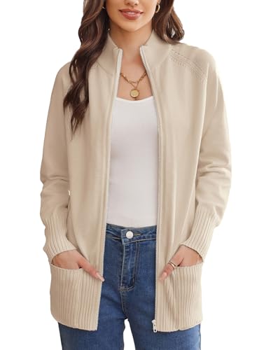 Grace Karin Womens Long Sleeve Zip Up Knit Cardigan with Pockets Stand Collar Full Zip Sweater Coats Trendy Fall Jackets, Cream, XXL