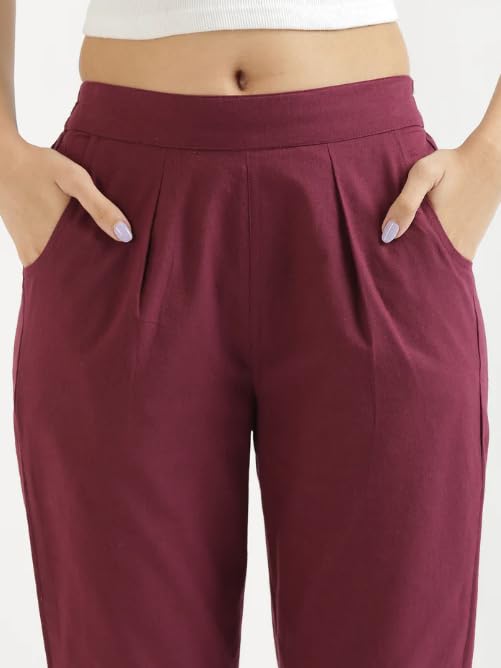 Image of D K W Women's Mid Rise Relaxed Fit Cotton Flex Trousers with Elastic Back & Drawstring - Ideal for Winter, Formal, Office & Casual Wear, Comfortable for Girls and Women