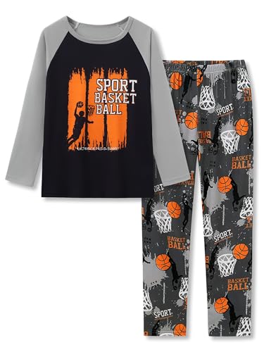 Topgal Sport Boys Pajamas Trendy 2-Piece Basketball PJS Gray Raglan Long Sleeve Pants Nightwear jammies Set Size 8