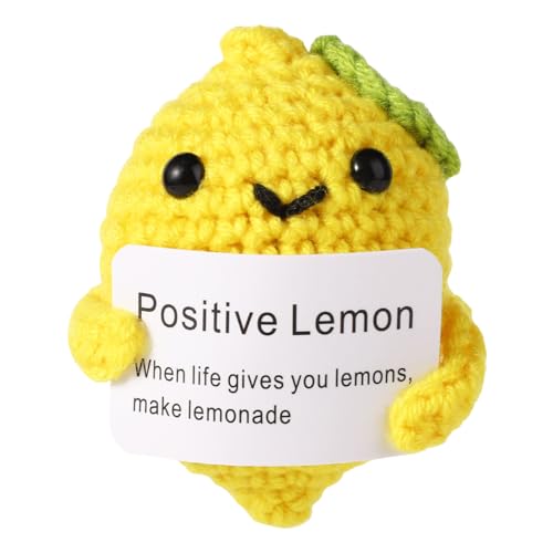 TOYMIS Lustige Positive Zitrone, 7,8cm Gehäkelte Zitronenpuppe mit Unterstützungskarte Handgestricktes Mini-Zitronenspielzeug Ermutigung Aufmunterungsgeschenk für Freunde Geburtstag