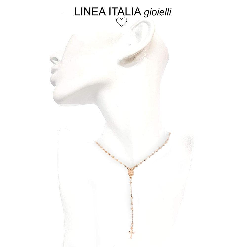 Linea Italia Gioielli - Collana a Rosario in Argento 925 Placcato Rosa con Croce e Medaglietta Madonna - Made in Italy
