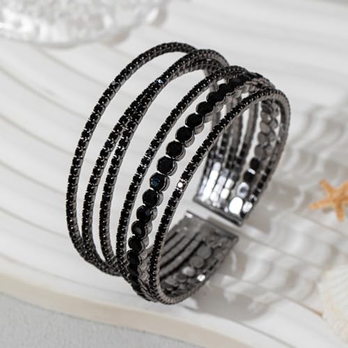 Black Rhinestone Cuff Bracelets for Women Halloween Decor Dainty MultiLayer Stackable Bracelets 1920s Vintage Crystal Stretch Bracelet3