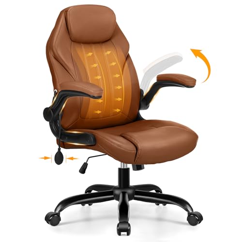 Office Desk Chair, Ergonomic Computer Chair with Padded Flip-Up Arms and Adjustable Lumbar Support, PU Leather Executive Chair with Tilt Lock and 360° Swivel Rolling Wheels for Work, Study
