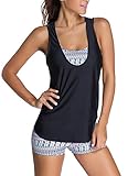 Sidefeel Women Tribal Printed Tankini with Boyshort Bikini Set Large Black