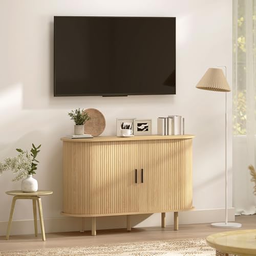 Miniatura 8 de Homcom Aparador Con Puertas Tambour Deslizantes, Aparador Para Salón Moderno, Con 4 Compartimentos Y Patas De Madera, Para Cocina, Entrada, Dormitorio, Roble, 120x40x78 Cm