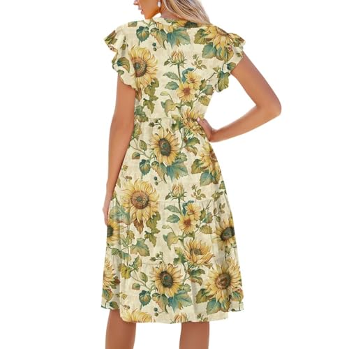 Image of Women's Casual Ruffle Sleeve Dress V Neck Pullover Dress Flowy A-Line Pleated Lightweight Dress with Pockets