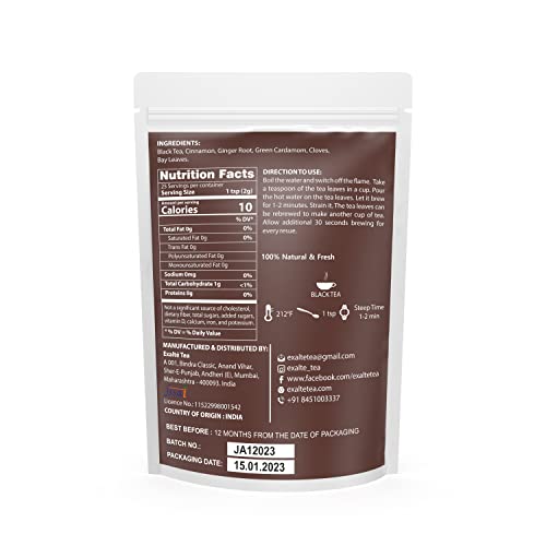 Exalte Tea Masala Chai Black Tea 100%Natural Loose Leaf Tea Medium To High Caffeine, Wake Me Up Tea, Robust & Spicy -Natural Ingredients -Cinnamon, Cardamom, Ginger, Cloves Brew Hot Or Iced(1.76Ounce) #TOP4