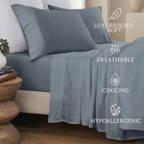 Image of KARISSA MAE Luxury Bamboo Viscose Twin Size Sheet Set | FSC Certified | Cooling | Ultra Soft | 18 inch Deep Pockets | Elastic Corner Straps | Includes Organizer Band [Chambray Blue]