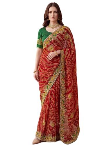 Image of SIRIL Women's Bandhani Printed Embroidery Georgette Saree with Unstitched Blouse Piece