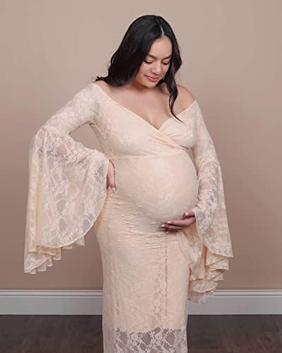 Saslax Off Shoulder Sweetheart Neckline Lace Maternity Dress For Photoshoot Slim Fitted Maxi Maternity Props Dresses For Photography Baby Shower Champagne Large #TOP6