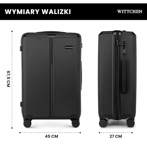 WITTCHEN Stripes Line Zestaw walizek Walizki podróżne Twardy bagaż ABS 4 podwójne kółka Teleskopowy uchwyt Zamek szyfrowy Czarny