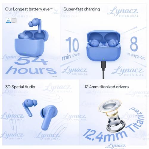 Image of Original Wireless Bluetooth Earbuds for Oneplus Nord 3r, in Ear, 54 Hours Playback, 12.4mm Drivers, Dual-Device Connectivity, Low Latency, (Blue)