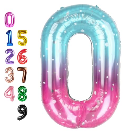Image of Number Balloons 0 Balloon 40 inch for 10 Birthday Decoration, Blue and Pink | Saturated Color, Large 40 in, With Inflation Straw & Hanging Hole, Great for Men's Party, Back-To-School Season, Pool Party