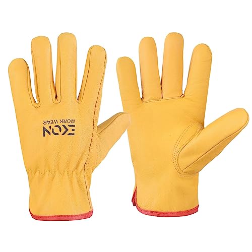 EKON Safety Leather Work Gloves - Unisex for Lorry Driving, Truckers, Yard, Gardening, Forestry - Premium Quality Hand Protection (Fleece Lined, XXL 1 Pair)