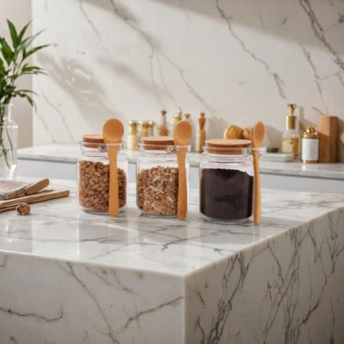 Image of STORE 2508 3 Airtight Glass Spice Jars with Lids and Wooden Spoons | Transparent 200 ml condiment canisters for salt, pepper and chilli flakes; compact storage for kitchen counters.