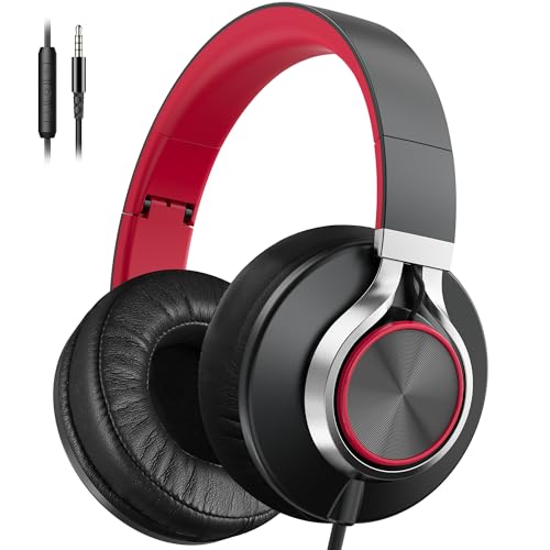 Image of AILIHEN Headphones Wired for Computer with Microphone, Over-Ear Foldable Noise Isolation Headsets with Volume Control 3.5mm for Teens Adult Smartphones Chromebook (Red)