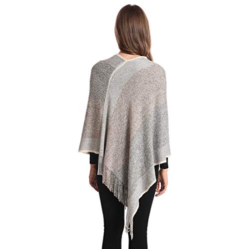 Image of Women's Elegant Knitted Shawl Poncho with Fringed V-Neck Striped Sweater Pullover Cape Gifts for Women Mom