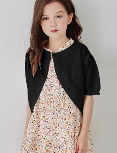 Image of Black Girls Bolero Shrug, Girls Cardigan Size 10 Short Sleeve, Kids Knit Sweater, Button Cover Up Cropped Tops