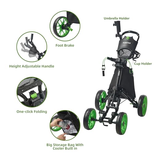 Image of Golf Push Cart 4-Wheels,Folding Golf Cart, Golf Pull cart with Cup Holder,Umbrella Holder,Cooler Bag, Foldable with one-Click,Handle Height Adjustable,Drink Holder,Walking Push cart