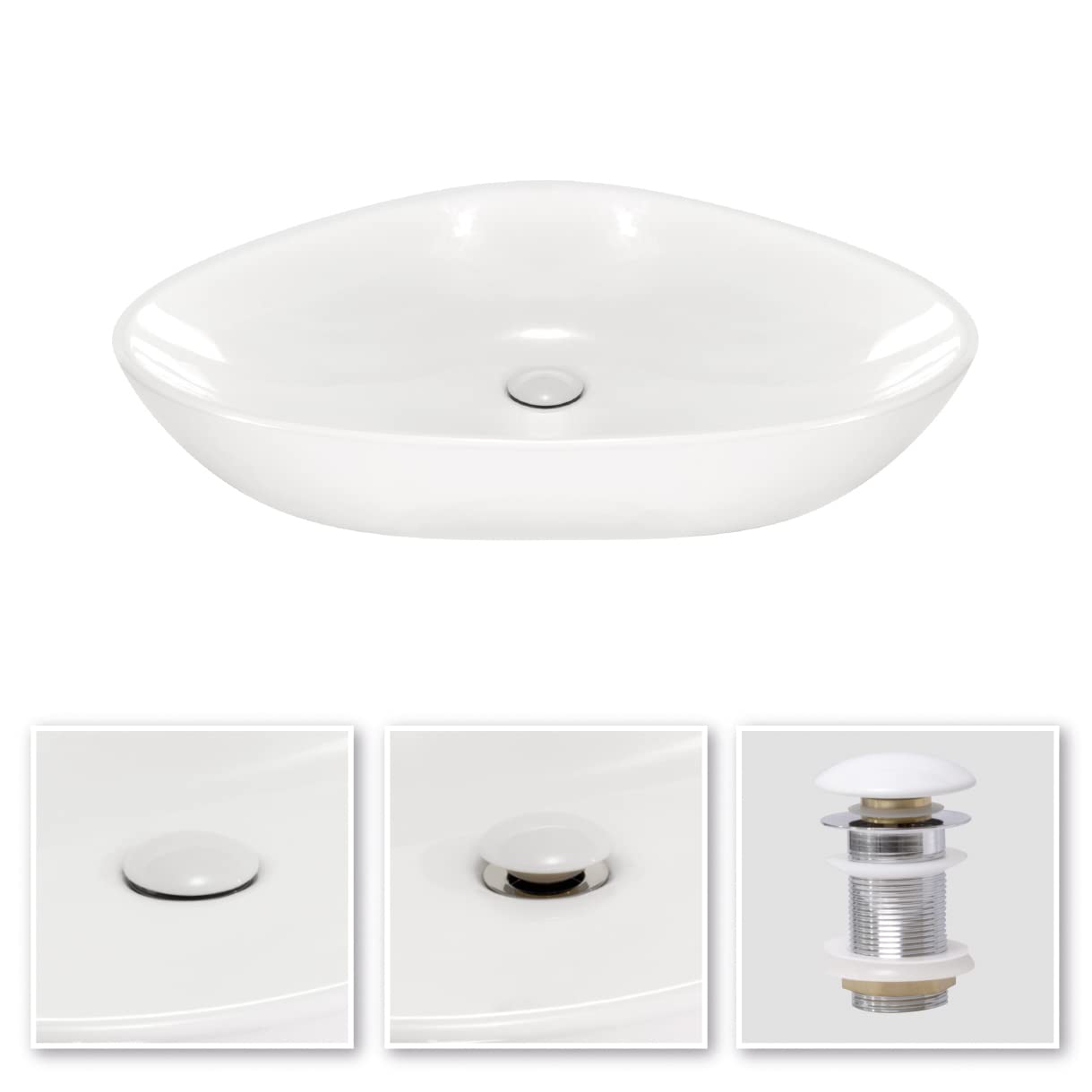 Lavabo sobre Encimera Triangular con Esquinas Redondeadas en Ceramica Brillante UNITI | 64x44x15 cm | Incluye Tapon "Pop Up" con Valvula de Desague Click Clack | Sin Taladro Grifo | Color Blanco