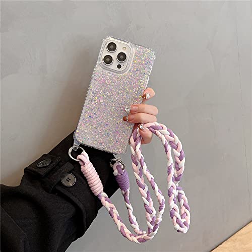 Coque paillettes pour iPhone 13 antichoc avec bandoulière transparente
