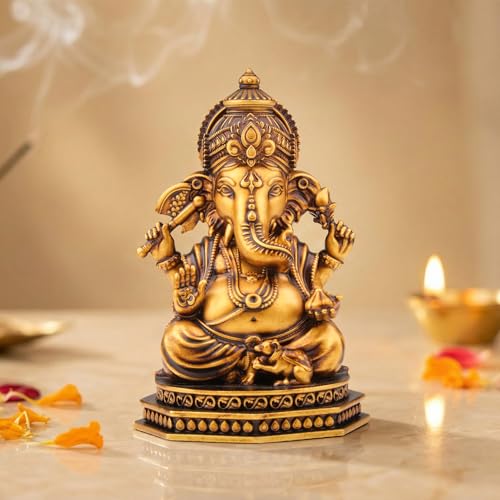 Image of Artarium Serene Blessings Divine Ganesha Idol Antique Gold Resin Ganpati Murti for Home Pooja Room, Office, Car Dashboard, Vastu & Spiritual Gift (2.5 Inch, Antique)