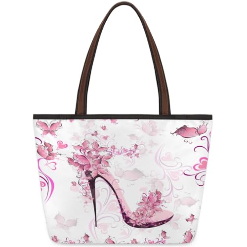 Hand Painted Heart Flower High Heels Tote Bag Multi Pocket Zippered Beach Bag Lightweight Waterproof Handbag for Women Men Work Gym Travel Swimming Yoga Grocery Shopping M