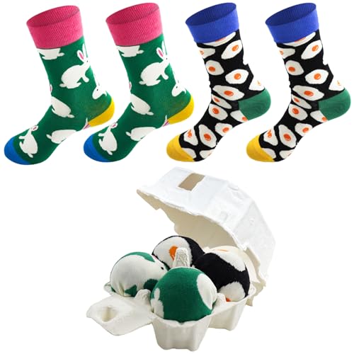 2 Calzini Pasquali Medio Con Scatola Riciclabile - Motivi Coniglietti & Uova Su Verde/Nero-Cotone Antipilling Calzini Donna Uomo Divertenti per Caccia Alle Uova - Calzini Pasquali Unisex Coniglietto