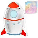 H1vojoxo Rocket Piggy Bank with Alphabet Stickers for Kids Space Wooden Coin Bank for Boys and Girls DIY Name Money Saving Box Unbreakable Coin Bank for Birthday Gift My First Piggy Bank for Baby