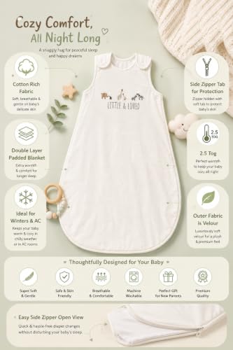Image of TuddyBuddy Baby Cotton Wearable Quilted Sleeping Bag Blanket 1.5 Tog with 1 Way Zipper Closure | Ideal for Babies & Kids Hypoallergenic Fabrics | (Little & Loved - White, 0-6 Months)