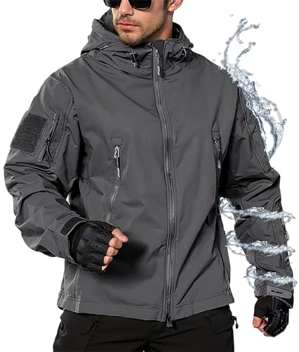 Men's Hooded Softshell Jacket,Waterproof Windbreaker,Insulated,Fall Winter,Fleece Lined,Snow Rain Jackets 6 Zip-Pocket