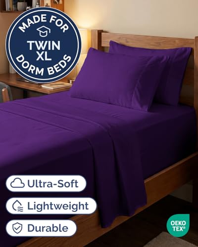 Image of Extra Deep Twin XL Sheet Set - 4 Piece College Dorm Bed Sheets Set w / Extra Deep Pockets - Ultra-Soft, Comfy & Breathable Bedding for Women, Men, Kids & Teens - Wrinkle Free & Fade Resistant - Purple