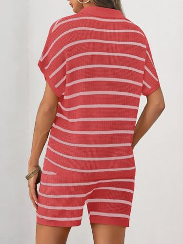 Image of Tankaneo Womens 2 Piece Outfits Striped Knit Summer Sets V Neck Short Sleeve Tops and Shorts Lounge Matching Set