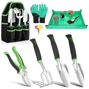 Housolution Gardening Tools Set, 8PCS Heavy Duty Garden Tools with Non-Slip Rubber Grip with Large Garden Bag for Tools Aluminum Alloy Hand Tools for Gardening,Gardening Gifts for Women and Men, Green