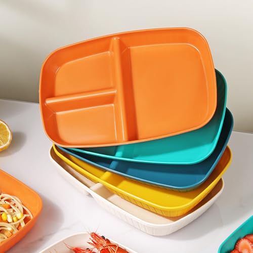 Image of Unbreakable Wheat Straw Plates with 3 Compartments Reusable Dish for Kids, Toddlers Sushi, Snacks, Cake, Meat & Appetizers Dishwasher Microwave Safe Dinnerware (Orange, Pack of 6)